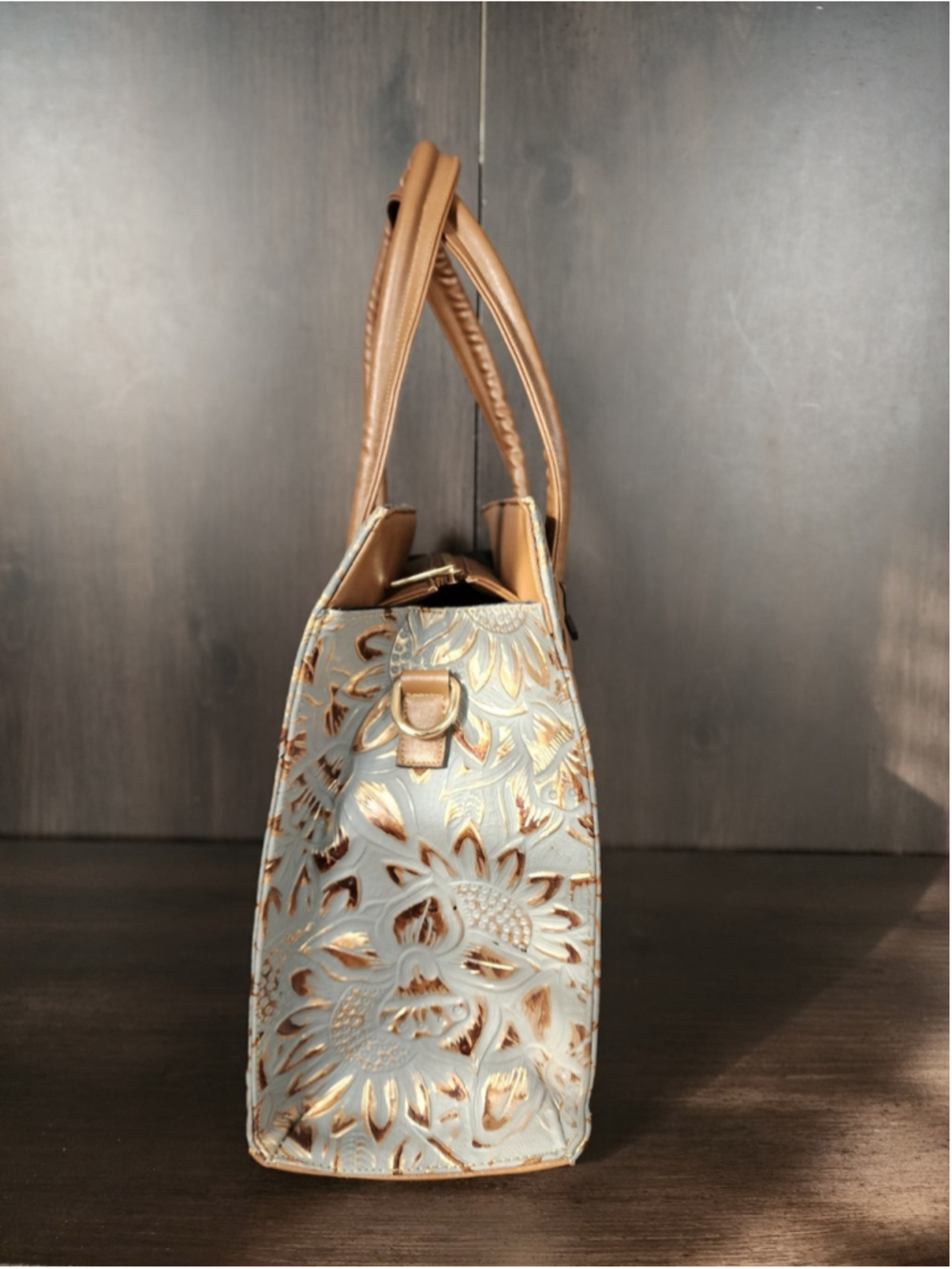 Sunflowers Blue Gray Bronze Stitched Embossed Tooled Artisan LEATHER Bag Purse - Picture 5 of 16